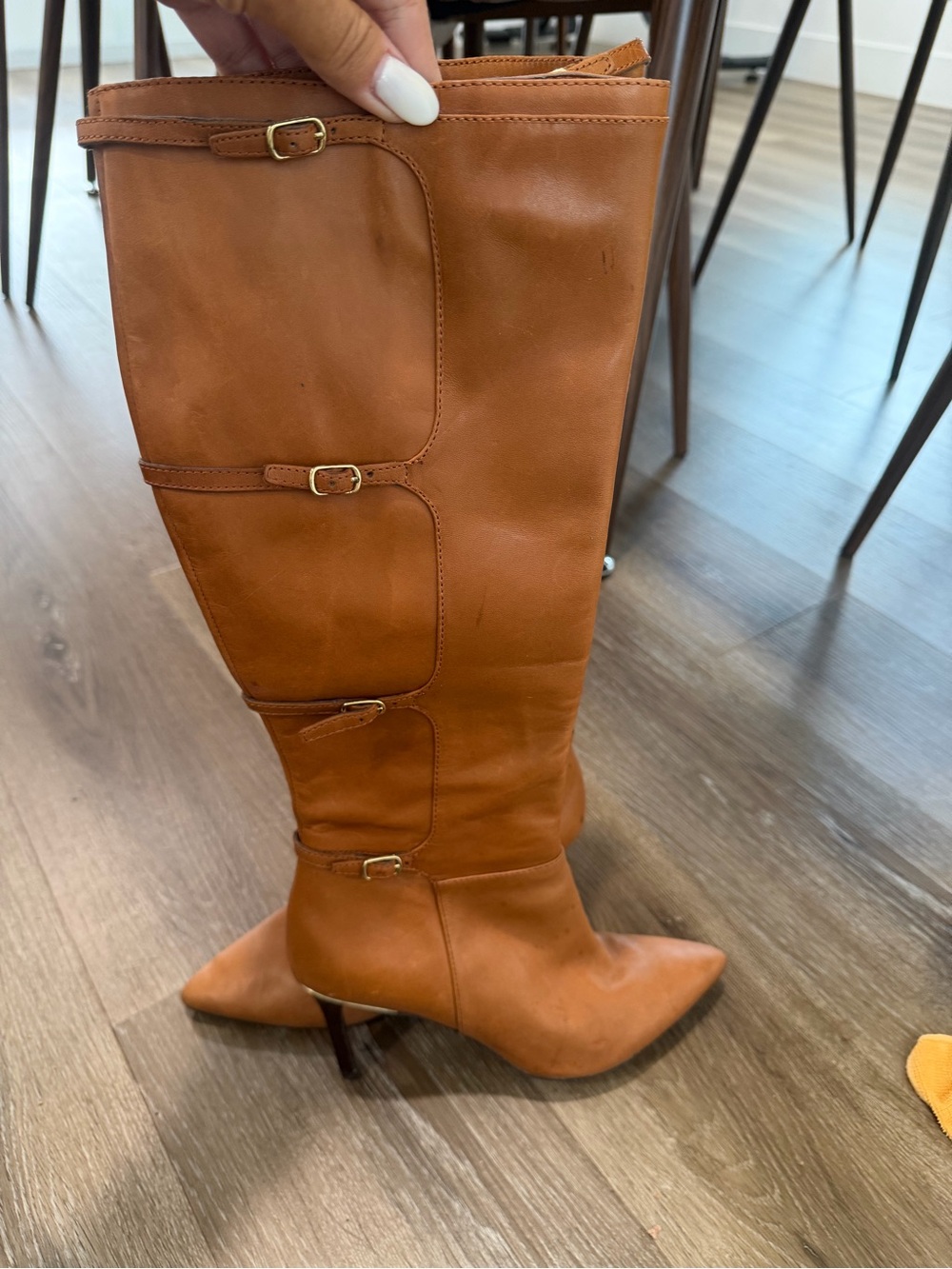 Women's Pointed-Toe Knee-High Buckle Boots - Cognac